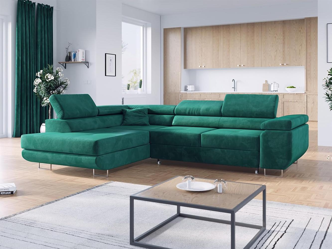 Ecksofa L-Form Couch mit Schlaffunktion und Verstellbare Kopfstützen - GUSTAW - Dunkelgrün Velours - Links Bild 1