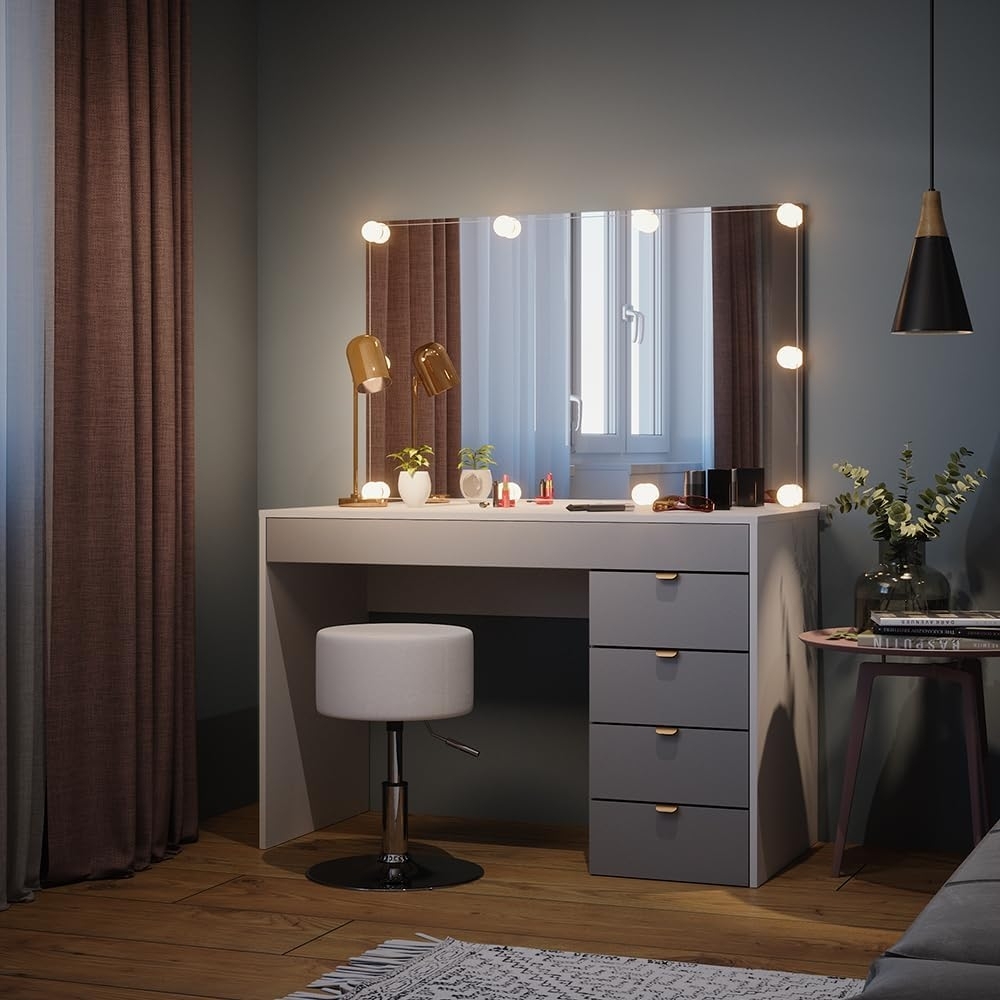 Schminktisch Elise Weiß/Grau/Grau 115 cm mit LED Beleuchtung und Hocker Vicco Bild 1