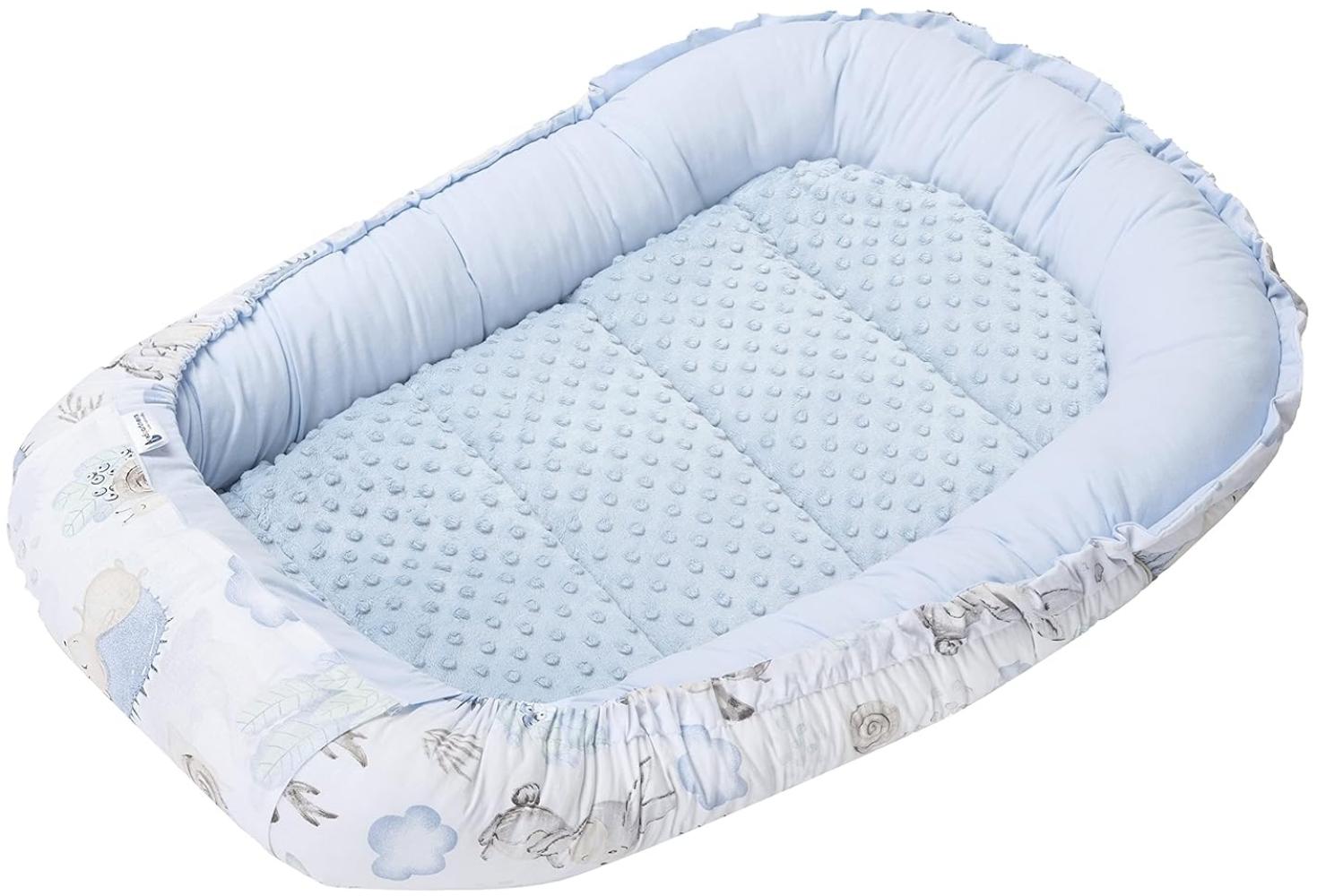 Medi Partners Babynest Kuschelnest Babynestchen 100% Baumwolle Nestchen Reisebett für Babys Säuglinge 100x60x15cm herausnehmbarer Einsatz (Hirsch und Igel mit Hellblau Minky) Bild 1