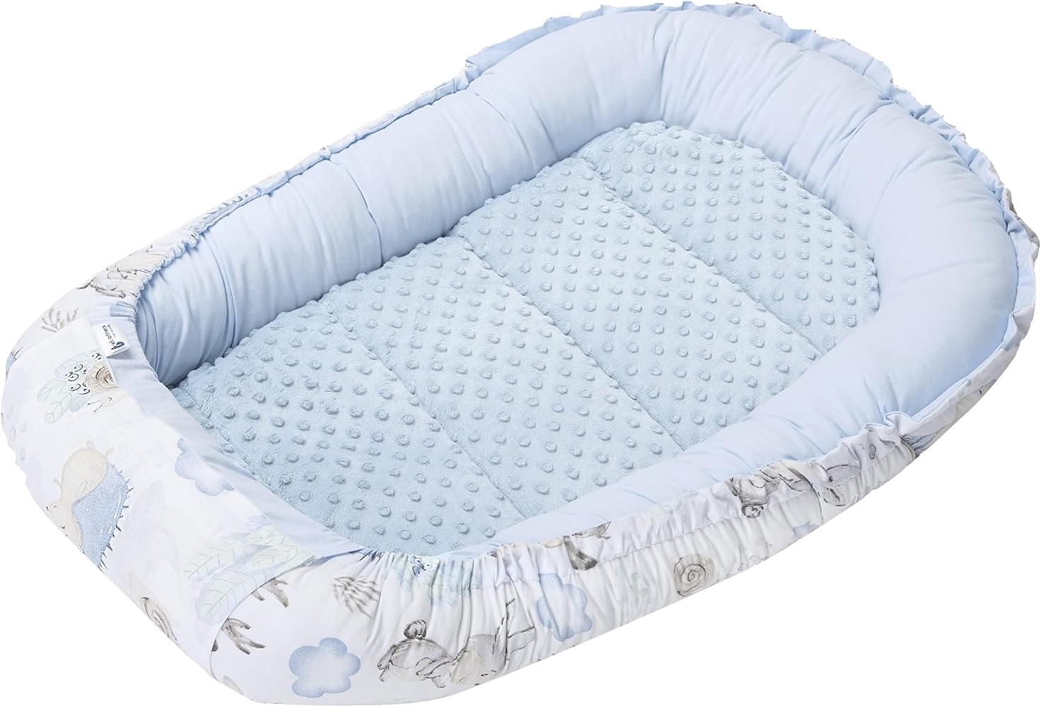 Medi Partners Babynest Kuschelnest Babynestchen 100% Baumwolle Nestchen Reisebett für Babys Säuglinge 100 x 60 x 15 cm herausnehmbarer Einsatz (Hirsch und Igel mit Hellblau Minky) Bild 1