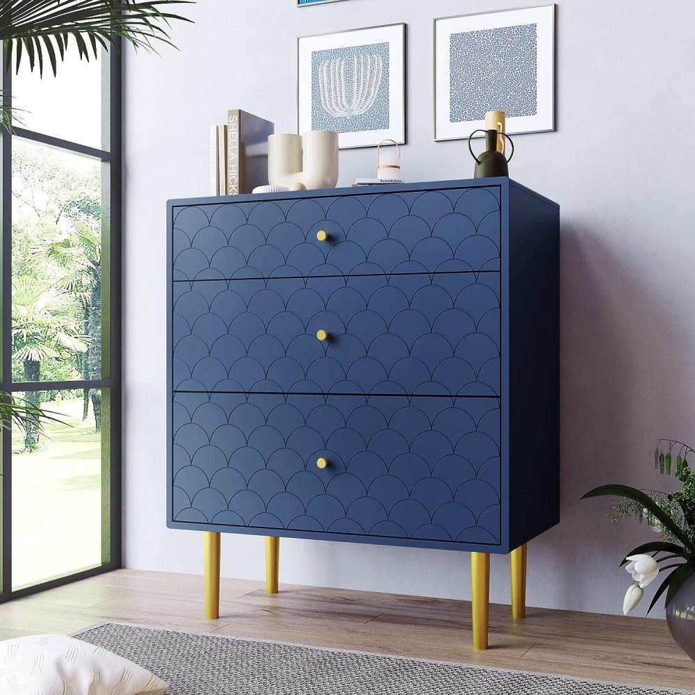 Merax Kommode mit 3 Schubladen, Schubladenkommode für Schlafzimmer & Wohnräume & Büro, Sideboard Highboard mit viel Stauraum, FSC®-zertifiziertem, Marineblau, 75 x 40 x 89 cm Bild 1