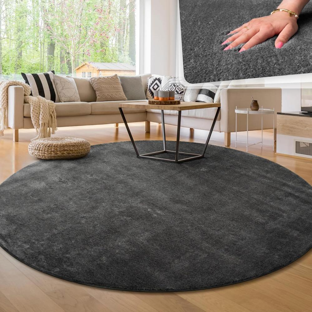 Paco Home Waschbarer Teppich Wohnzimmer Schlafzimmer Kurzflor rutschfest Flauschig Weich Moderne Einfarbige Muster, Grösse:200 cm Rund, Farbe:Anthrazit Bild 1