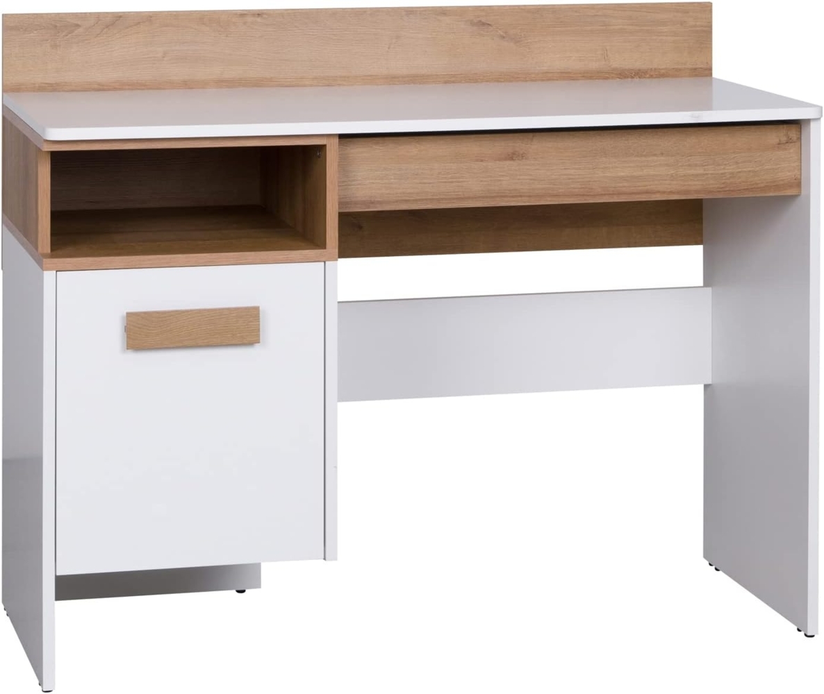 Marmex Möbel Grant 02 Schreibtisch, Schülerschreibtisch, Büroschreibtisch, laminierte Spanplatte, weiß+riviera Eiche, 110x87x55 cm Bild 1