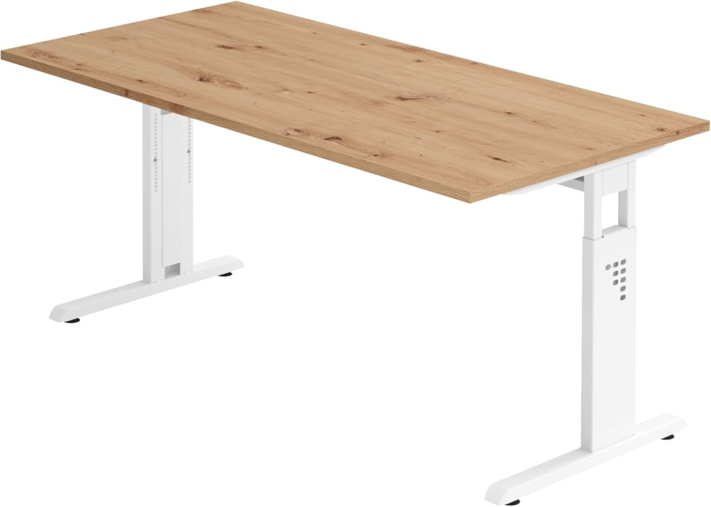 bümö höhenverstellbarer Schreibtisch O-Serie 160x80 cm in Asteiche, Gestell in weiß - PC Tisch für's Büro manuell höhenverstellbar, Computertisch verstellbar, OS-16-R-W Bild 1
