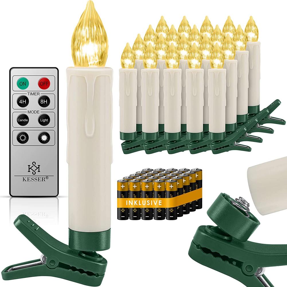 KESSER® Weihnachtsbaumkerzen 20 LED Inkl. Batterien Kabellos - Warmweiß - mit Fernbedienung Funk - Timerfunktion - Flackern - Dimmbar Weihnachtskerzen Christbaumkerzen Befestigungsklammern Kerzen Warmweiß, 20 LED's Bild 1