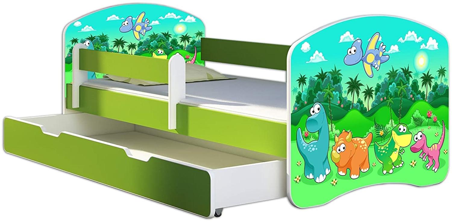 ACMA Kinderbett Jugendbett mit Einer Schublade und Matratze Grün mit Rausfallschutz Lattenrost II 140x70 160x80 180x80 (30 Dino, 160x80 + Bettkasten) Bild 1