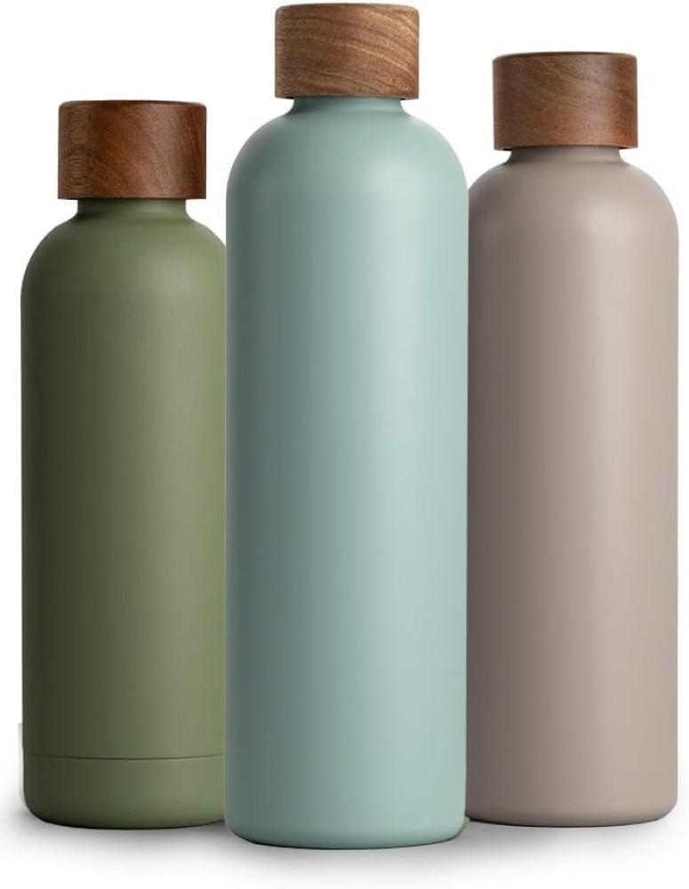 T&N Edelstahl Trinkflasche 1 Liter, Thermosflasche 1l mit Akazienholz Deckel, Isolierte Wasserflasche auslaufsicher bei Kohlensäure, Isolierflasche 1000ml - Aqua Turquoise Bild 1