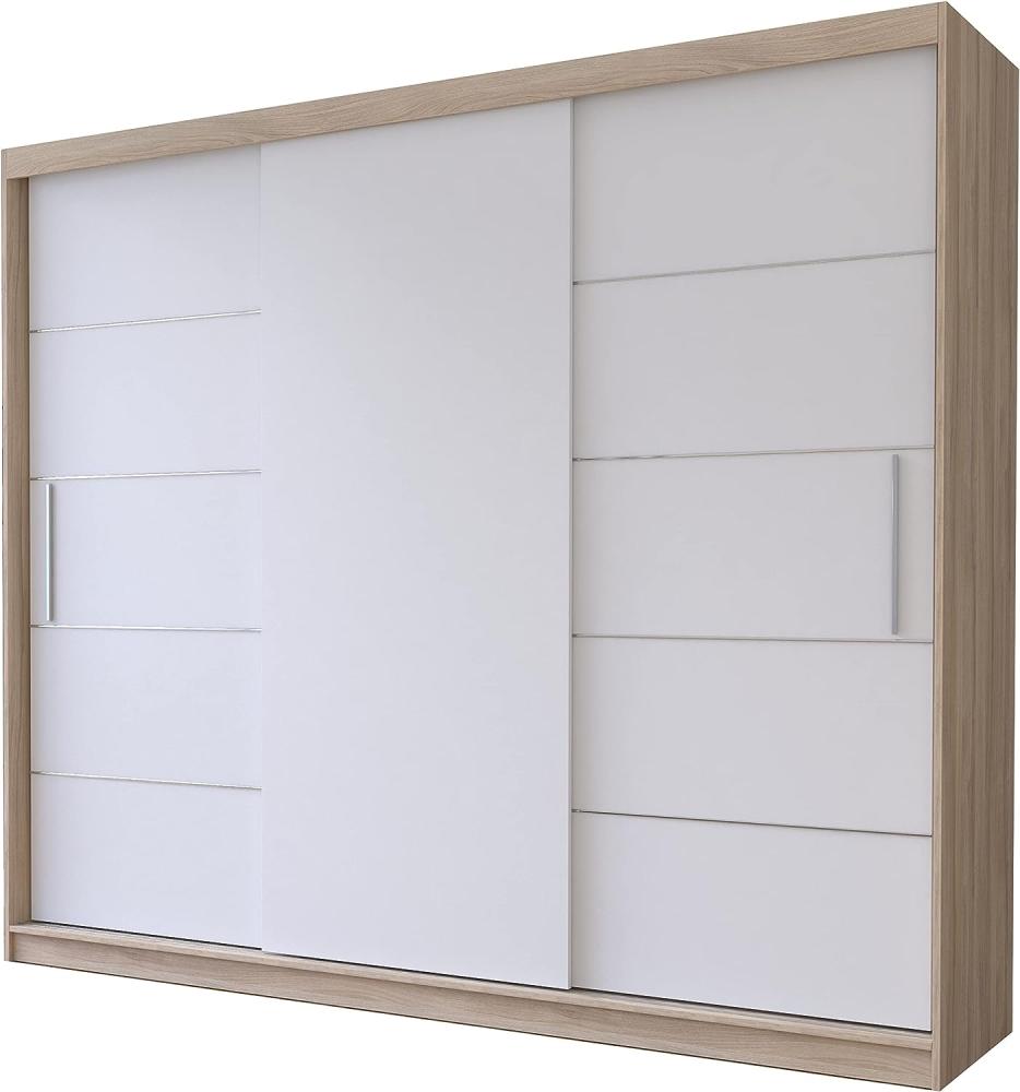 Fabryka Mebli Idźczak Schwebetürenschrank Alba 250, Schiebetürenschrank, Kleiderschrank mit Kleiderstange und Einlegeboden, Schlafzimmerschrank, Schiebetüren, Modern Design (Sonoma/Weiß) Bild 1