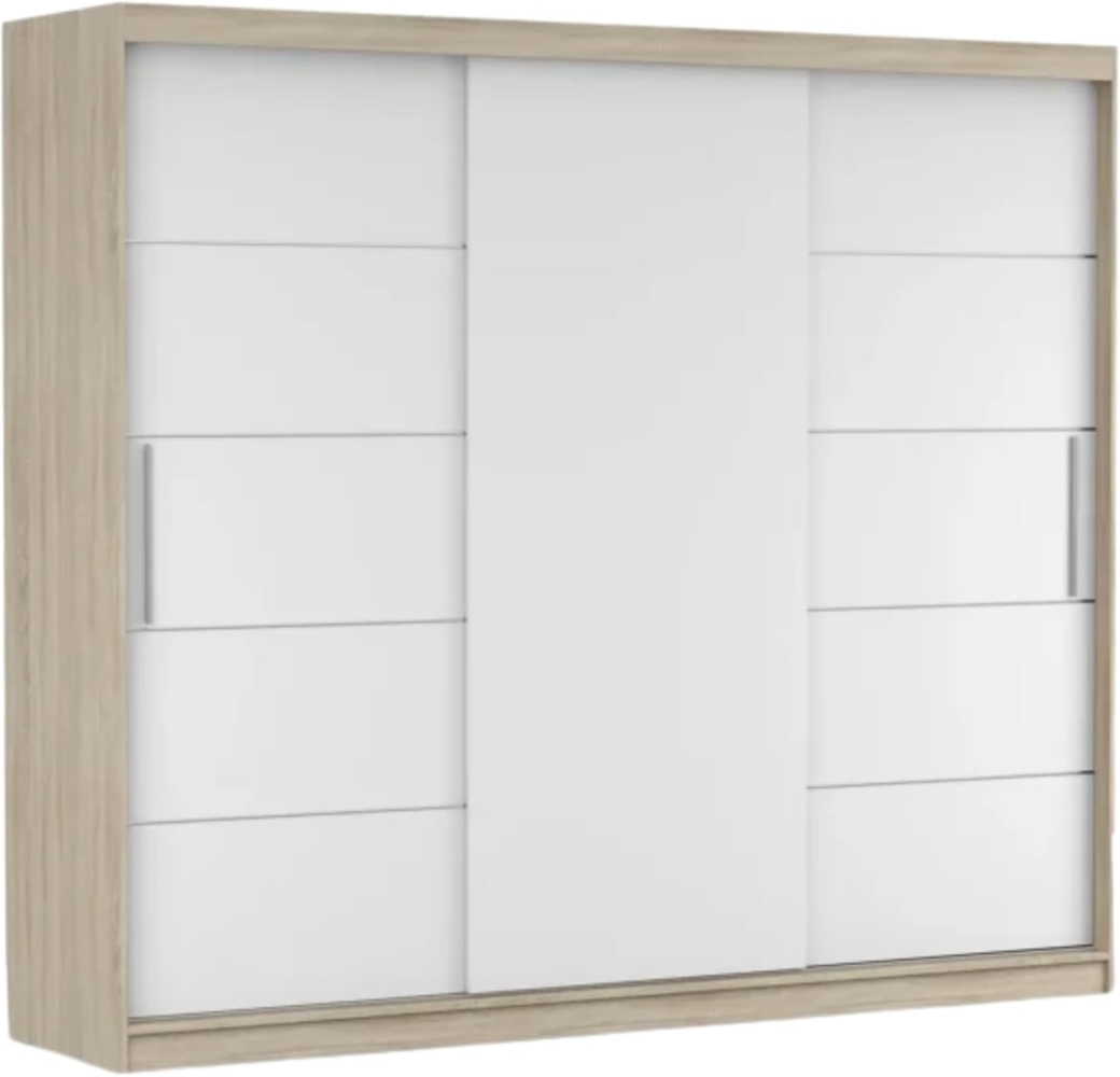 Fabryka Mebli Idźczak Schwebetürenschrank Alba 250, Schiebetürenschrank, Kleiderschrank mit Kleiderstange und Einlegeboden, Schlafzimmerschrank, Schiebetüren, Modern Design (Sonoma/Weiß) Bild 1
