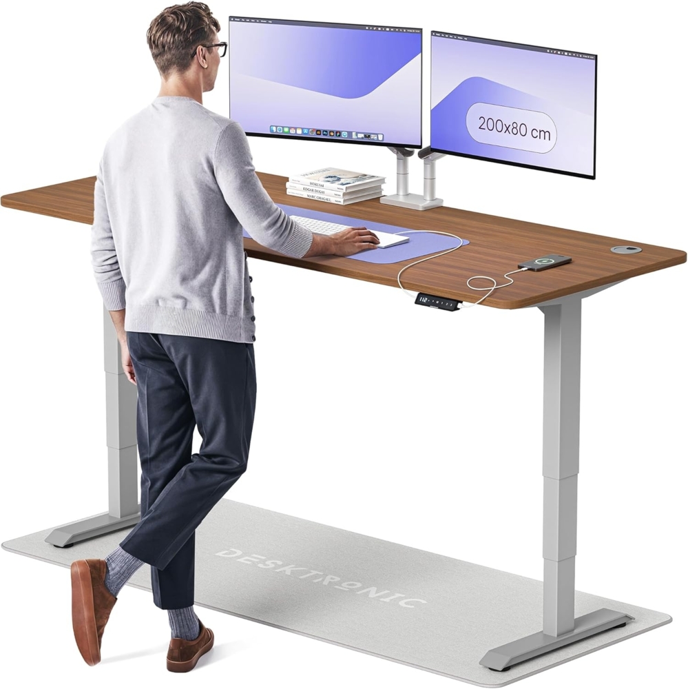 Höhenverstellbarer Schreibtisch - Höhenverstellbar Elektrisch mit Flüsterleisem Dual-Motor & Touchscreen - Hohe Tragfähigkeit - Stehtisch von Desktronic, Grau + Nussbaum, 200x80 cm Bild 1