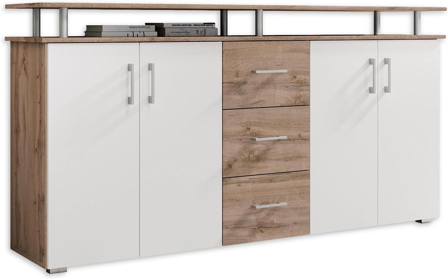 LIFT Highboard mit Ablage in Wildeiche Optik, Weiß - Moderner Wohnzimmerschrank mit Schubladen und viel Stauraum für Ihren Wohnbereich - 178 x 90 x 38 cm (B/H/T) Bild 1