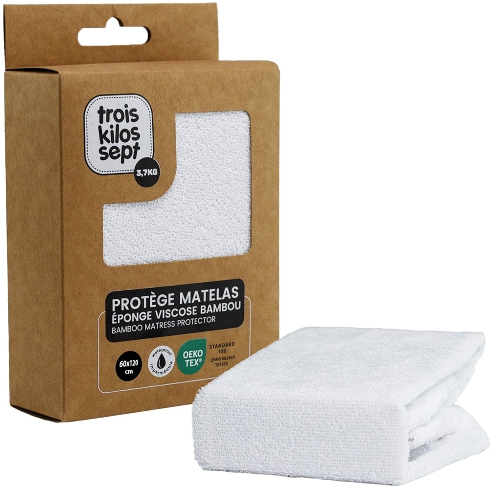 TROIS KILOS SEPT - Matratzenschoner für Babys 60x120 cm – Matratzenschoner aus Bambus, wasserdicht – Öko-Tex® zertifiziert – antibakteriell und saugfähig – SANITIZED Behandlung – Weiß Bild 1