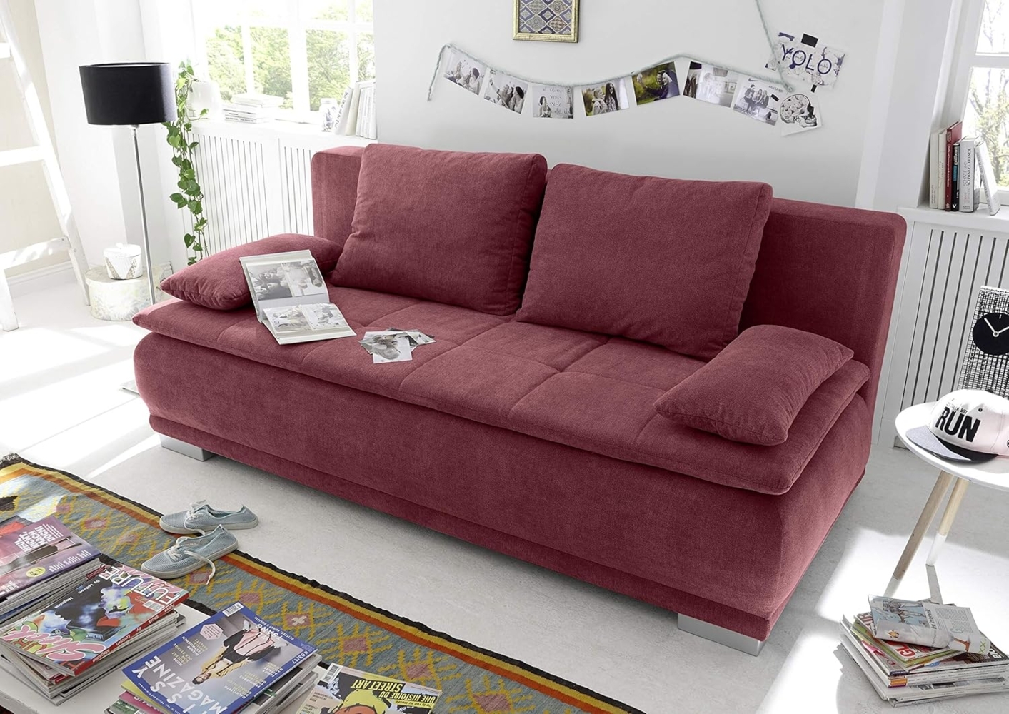 Couch Sofa Zweisitzer LUIGI Schlafcouch Schlafsofa ausziehbar berry rot 208cm Bild 1