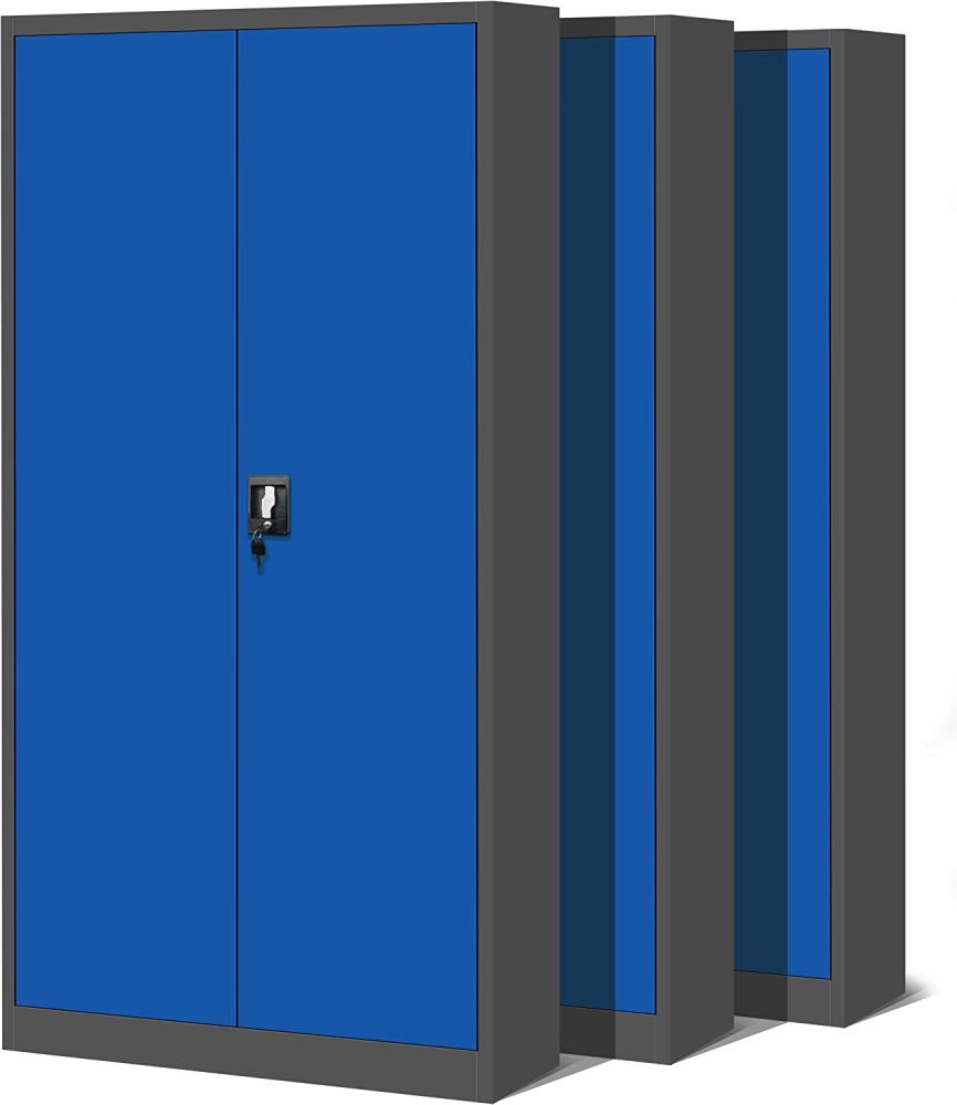 3er Set Aktenschrank C001H Büroschrank Metallschrank Stahlschrank Werkzeugschrank Stahlblech Pulverbeschichtet Flügeltürschrank Abschließbar 195 cm x 90 cm x 40 cm (anthrazit/blau) Bild 1