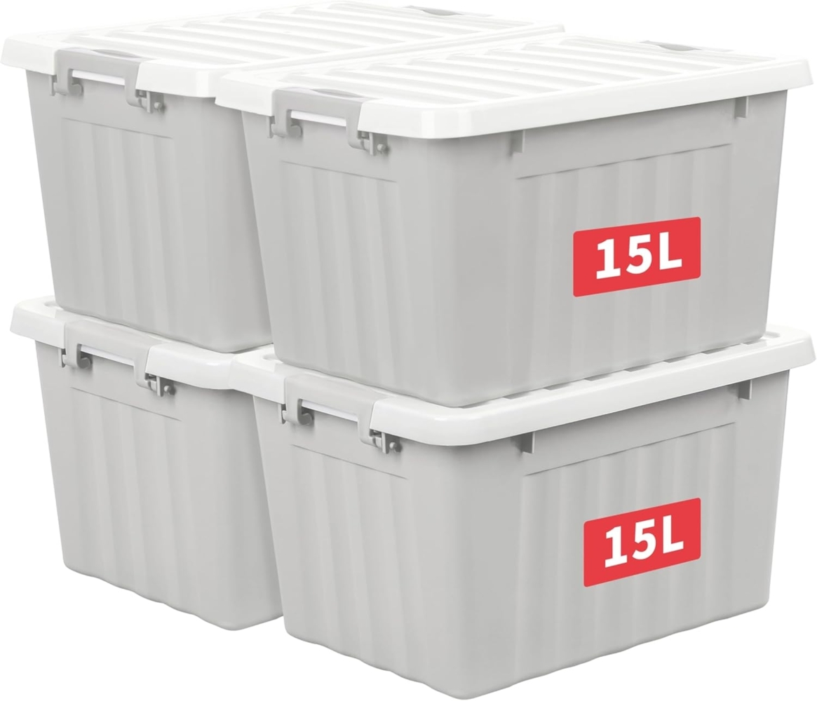 Cetomo,15L,4er-Pack, Aufbewahrungsbox mit deckel,Aufbewahrungsboxen, mit Clips, stapelbar, Wohnzimmer, Schlafzimmer. lebensmittelecht ,Verschlussclips,Neumaterial Plastik-Box grau Bild 1
