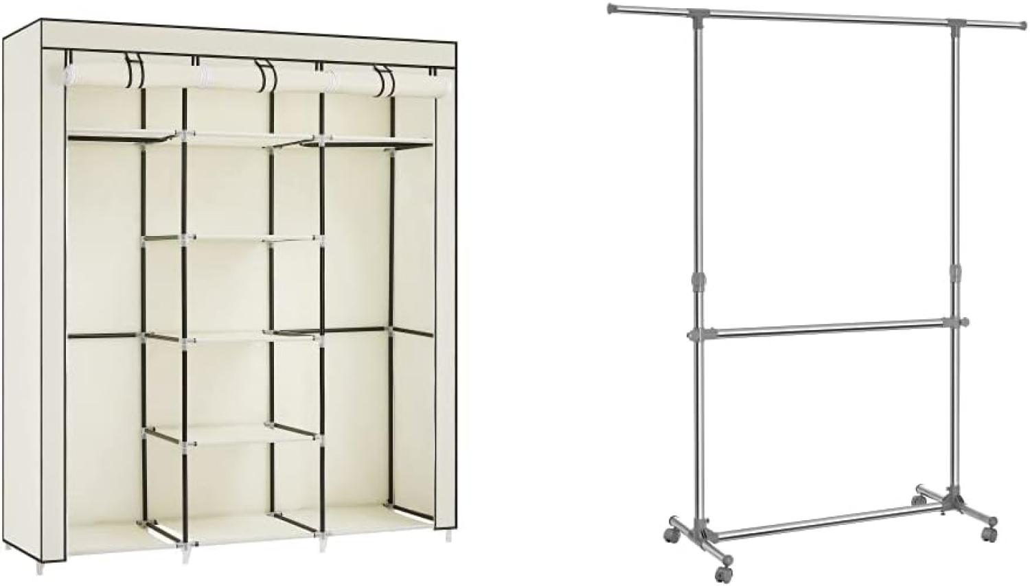 Songmics Kleiderschrank, Faltschrank, Stoffschrank, 175 x 150 x 45 cm, Beige RYG12M & Kleiderständer höhenverstellbar, Garderobenständer, (101-166) x 49 x (113-198) cm, Silber-graugrün Bild 1