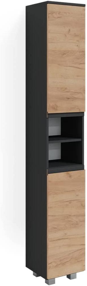 Vicco Hochschrank Badschrank Badezimmermöbel J-shape Anthrazit Eiche modern 30x190cm Badezimmer Schrank Badmöbel Schranktür Schrankfach Aufbewahrung Ablage Bild 1