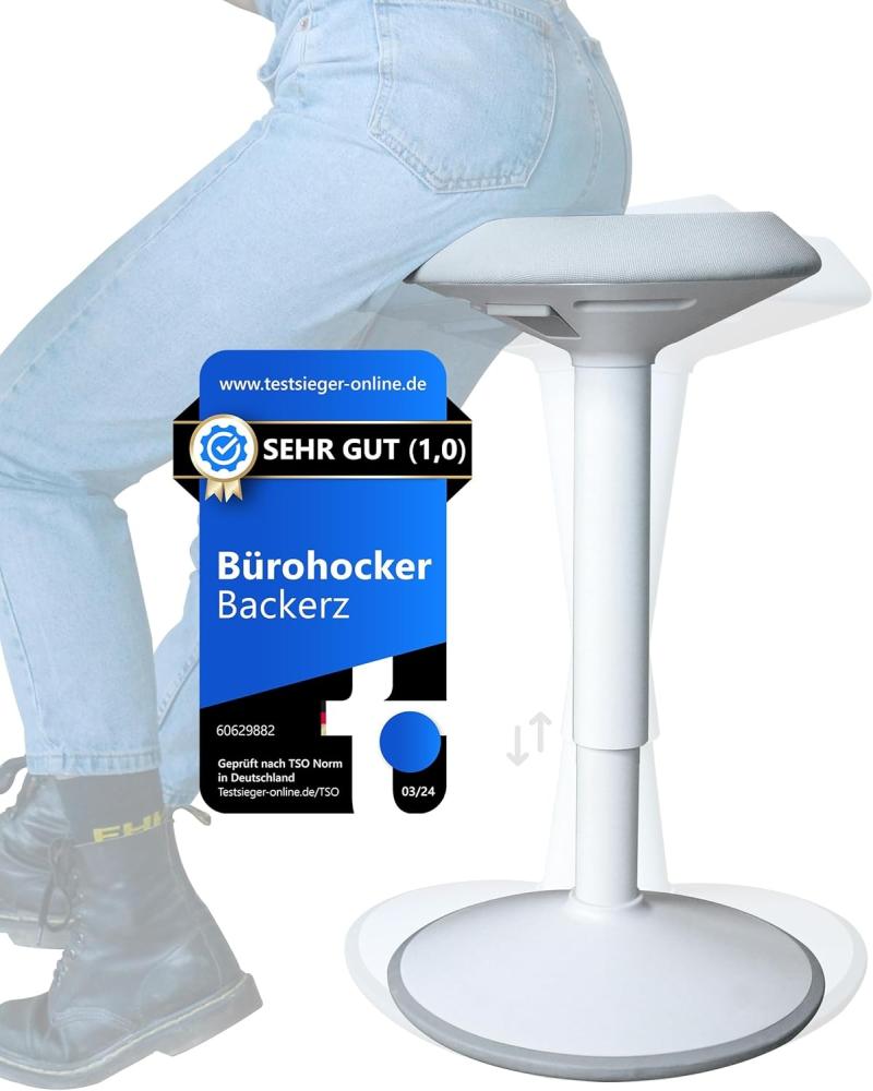 Backerz ergonomischer Wackel-Hocker - Bürohocker mit 40-60 cm Höhenverstellbar, Stehhocker, Arbeitshocker, kompakter Sitzhocker für Heim und Büro - Bezogen mit wasserabweisendem Stoff, Mattes Weiß Bild 1