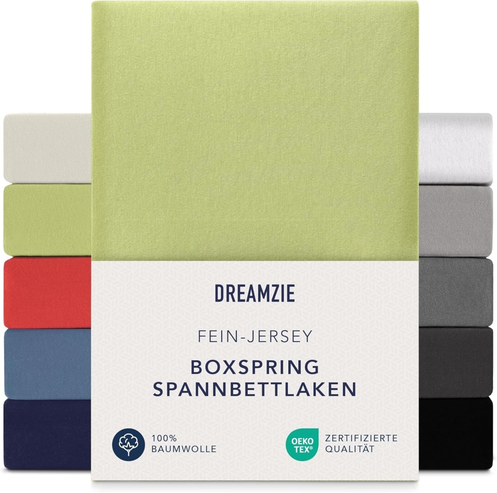 Dreamzie Premium Spannbettlaken 90x200 cm - 100x200 cm - 37cm Seitenhöhe - auch für Boxspringbett & Wasserbett - Bettlaken Boxspringbett 100% Jersey Baumwolle, 150 g/m² - Oeko-TEX - Grün Bild 1