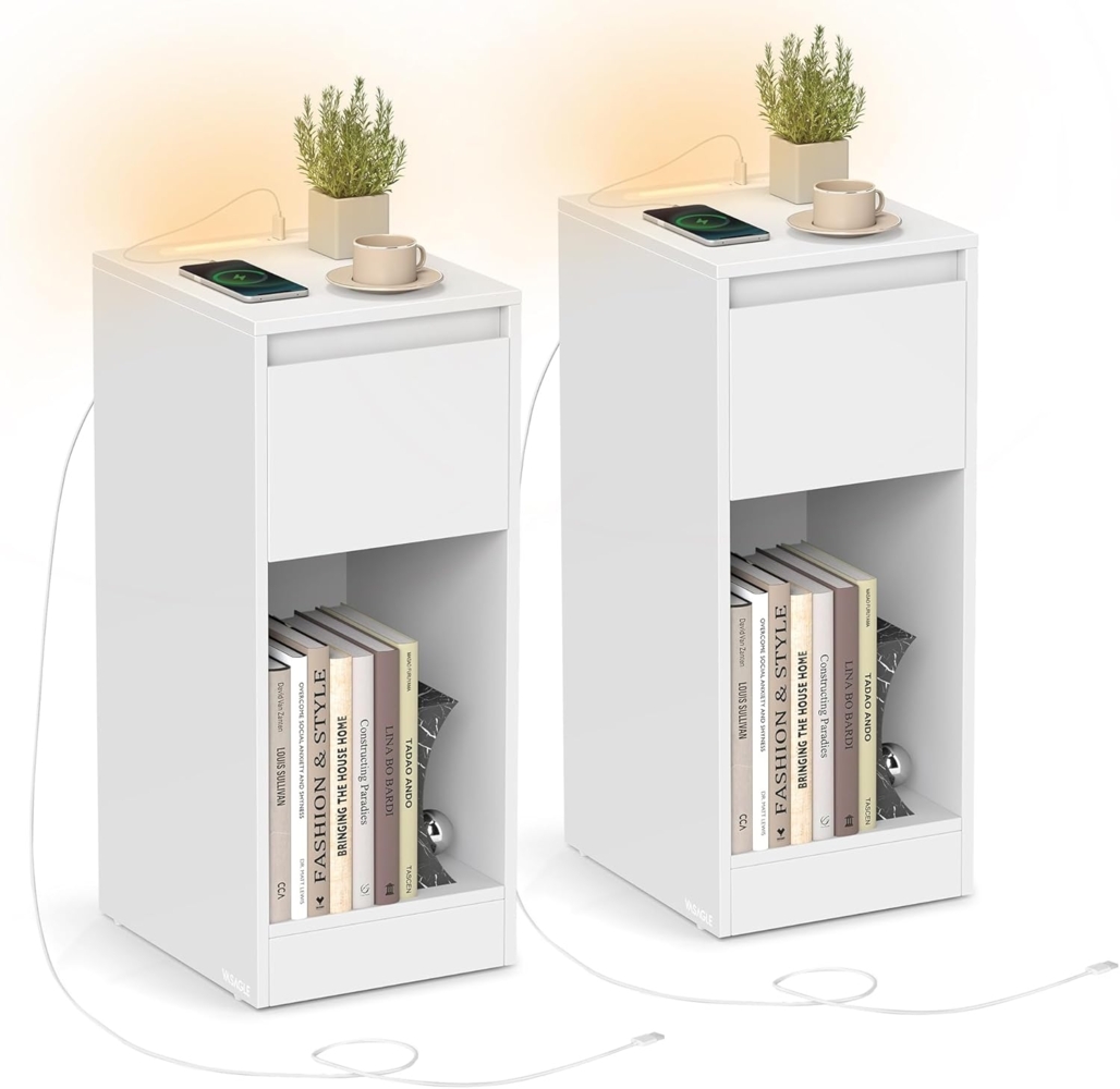 VASAGLE Nachttisch 2er Set, schmal, Beistelltisch, LED-Beleuchtung, 1 USB-A-Anschluss, 1 USB-C-Anschluss, Schublade, offenes Fach, für Schlafzimmer, Wohnzimmer, wolkenweiß LETDE710W01 Bild 1