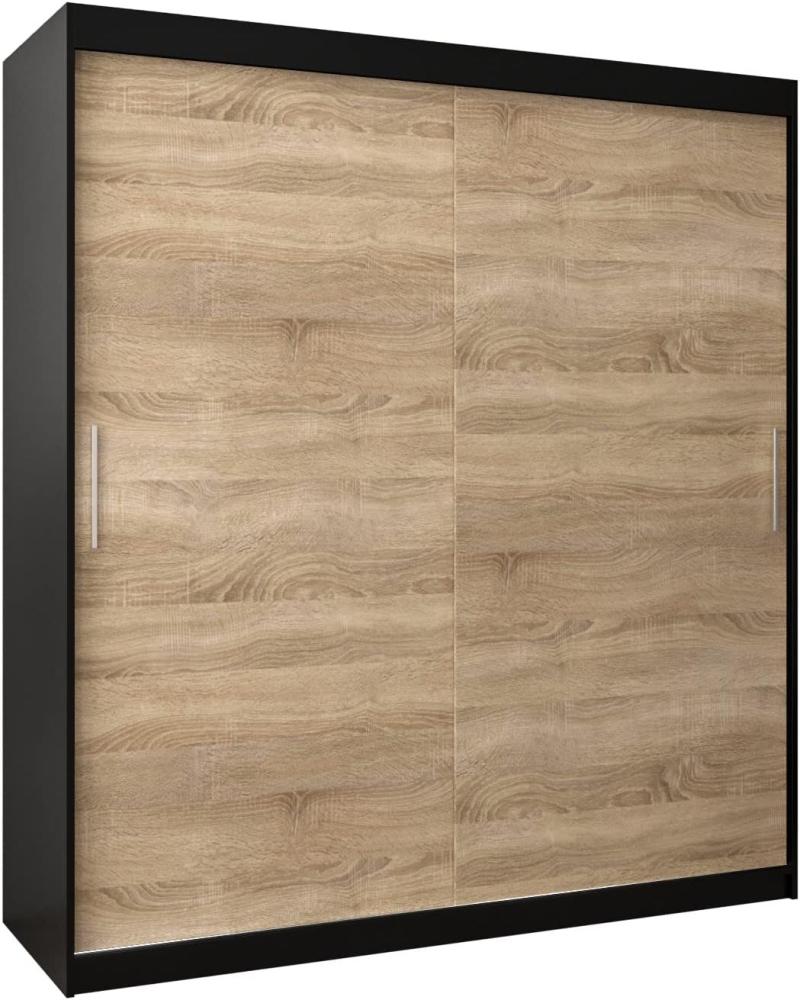 KRYSPOL Schwebetürenschrank Tokyo 180 cm Kleiderschrank mit Kleiderstange und Einlegeboden Schlafzimmer- Wohnzimmerschrank Schiebetüren Modern Design (Schwarz + Sonoma) Bild 1