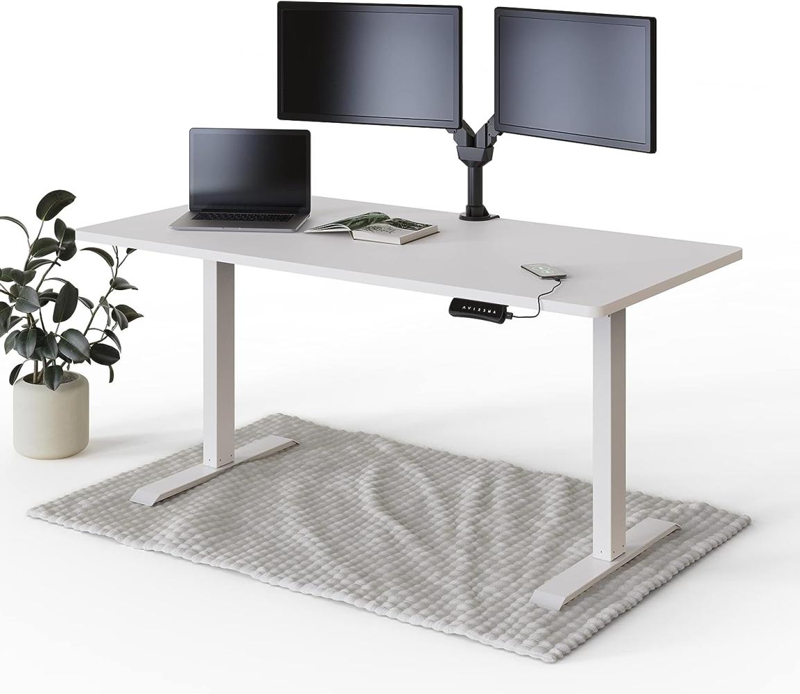 DESQUP® PRO Elektrisch höhenverstellbarer Schreibtisch | +160x80 cm Weiße Tischplatte | Ergonomischer Stehpult mit Memory Funktion & Kollisionschutz | Weißes elektrisches Gestell mit Ladebuchse Bild 1