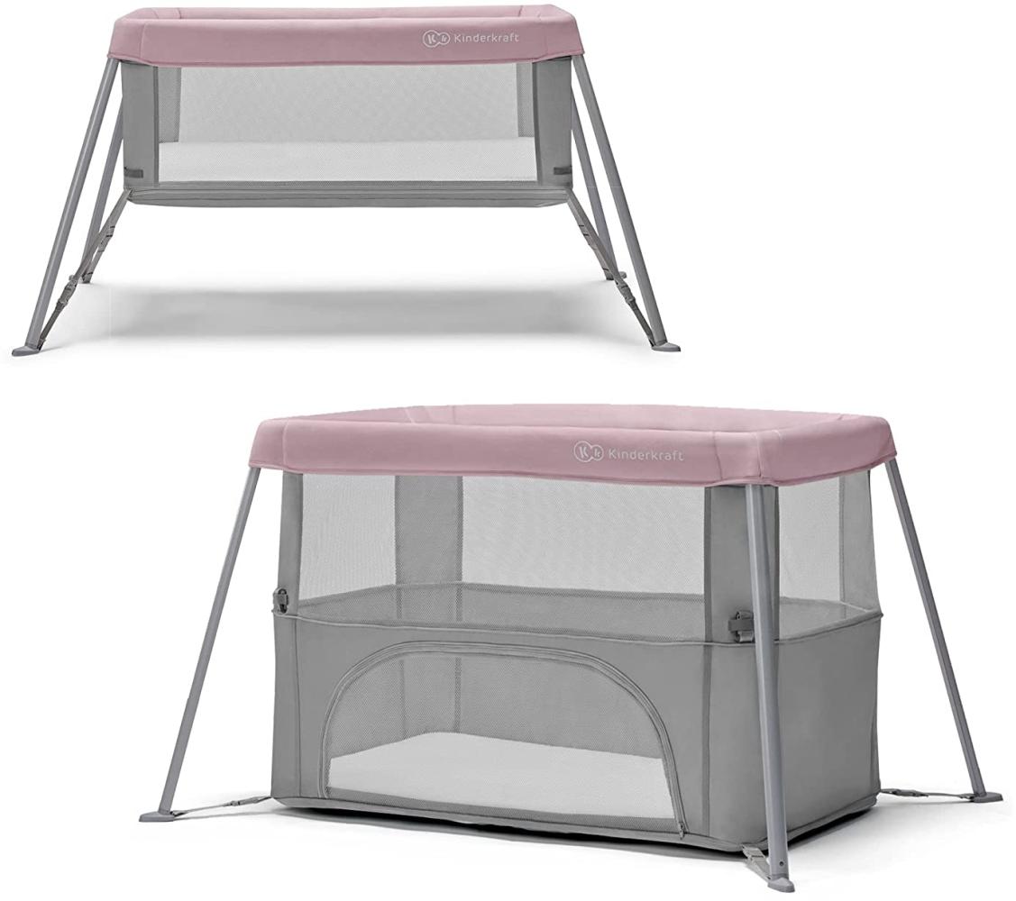 kk Kinderkraft Kinderkraft Reisebett 2 in 1 MOVI, faltbares Kinderbett, Laufgitter, Separater Eingang, 2 Matratzenhöhen, Zusammenklappe, mit Zubehör, Matratze, Tragetasche, Rosa, Stahl, Aluminium Bild 1