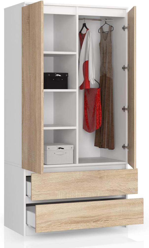 BDW Kleiderschrank 2 Türen, 4 Einlegeböden, Kleiderbügel, 2 Schubladen Kleiderschrank für das Schlafzimmer Wohnzimmer Diele 180 x 90 x 51 cm (Weiß/Eiche Sonoma) Bild 1