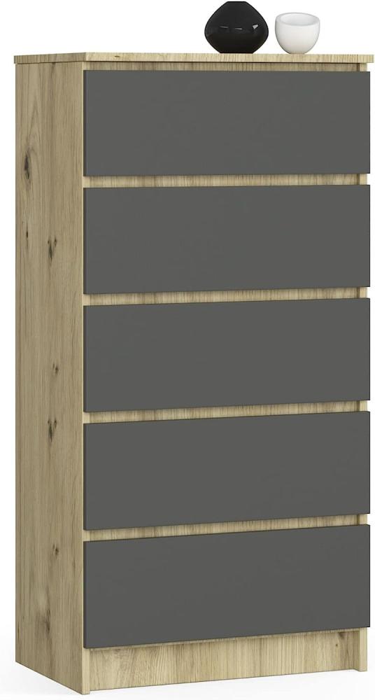 Kommode K60 mit 5 Schubladen | für das Wohnzimmer Schlafzimmer Schrank Büro Arbeitszimmer | Modernes Funktionales Design | B60 x H121 x T40 cm, Gewicht 39kg | Handwerkliche Eiche Bild 1