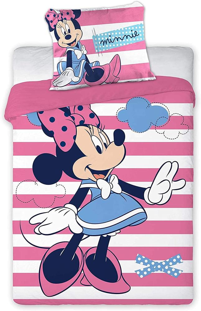 Disney Baby BettwÃ¤sche Minnie Maus im blauen Kleid Schleife Wolken rosa weiÃŸ gestreift Bettdecke 100x135 + Kopfkissen 40x60 cm, 100 % Baumwolle, ReiÃŸverschluss Bild 1