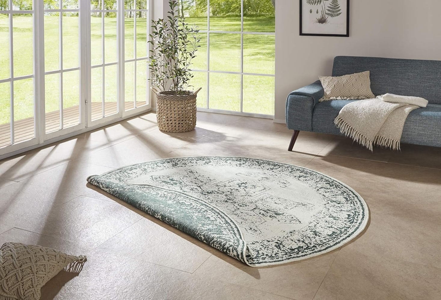 NORTHRUGS In- und Outdoor Teppich Borbon Rund ⌀200cm - Wendeteppich Wetterfest Orientalisches Vintage Design Läufer für Balkon Terrasse Garten Wintergarten Wohnzimmerteppich Wasserfest in Grün Creme Bild 1