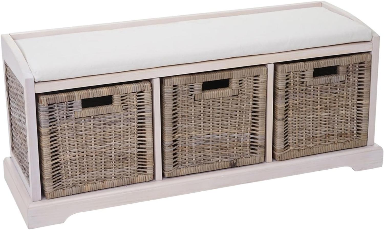 Sitzbank Bienne, Aufbewahrungsbox, 3 Körbe, Kubu-Rattan-Geflecht, 112x46x37cm ~ weiß Bild 1