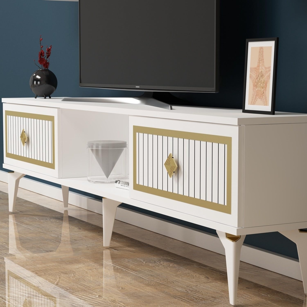 Hanah Home Elegant TV Stand, White & Gold, 150 x 44.6 x 29.6 cm | 100% Melamine Coated Particle Board, 18 mm Thick | Stylish & Functional for Modern Living Rooms Bild 1