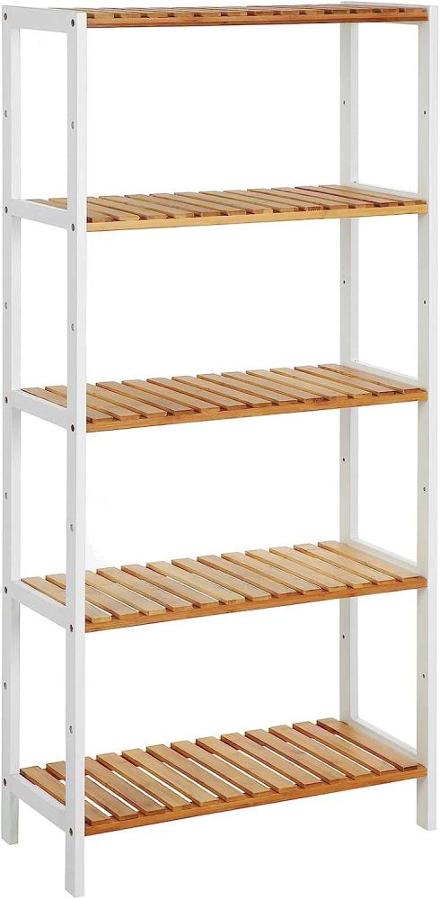 Badregal, Badezimmerregal mit 5 Ebenen, Standregal, aus Bambus, 9-stufig höhenverstellbar, multifunktional, für Wohnzimmer, Flur, Küche, 60 x 26 x 130 cm, weiß-naturfarben BCB35WN Bild 1