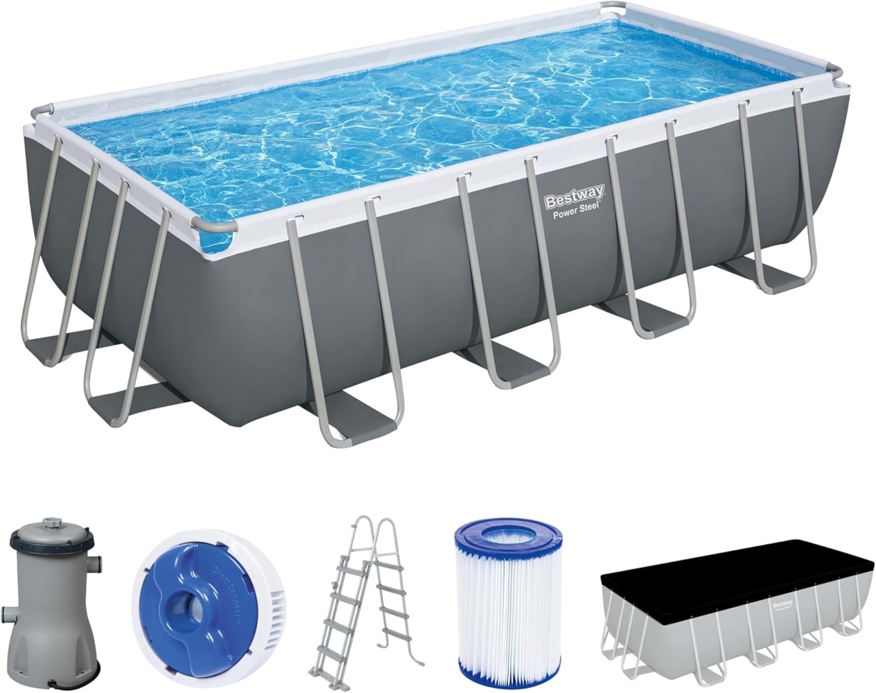 Power Steel™ Frame Pool Komplett-Set mit Filterpumpe 488 x 244 x 122 cm, grau, eckig Bild 1