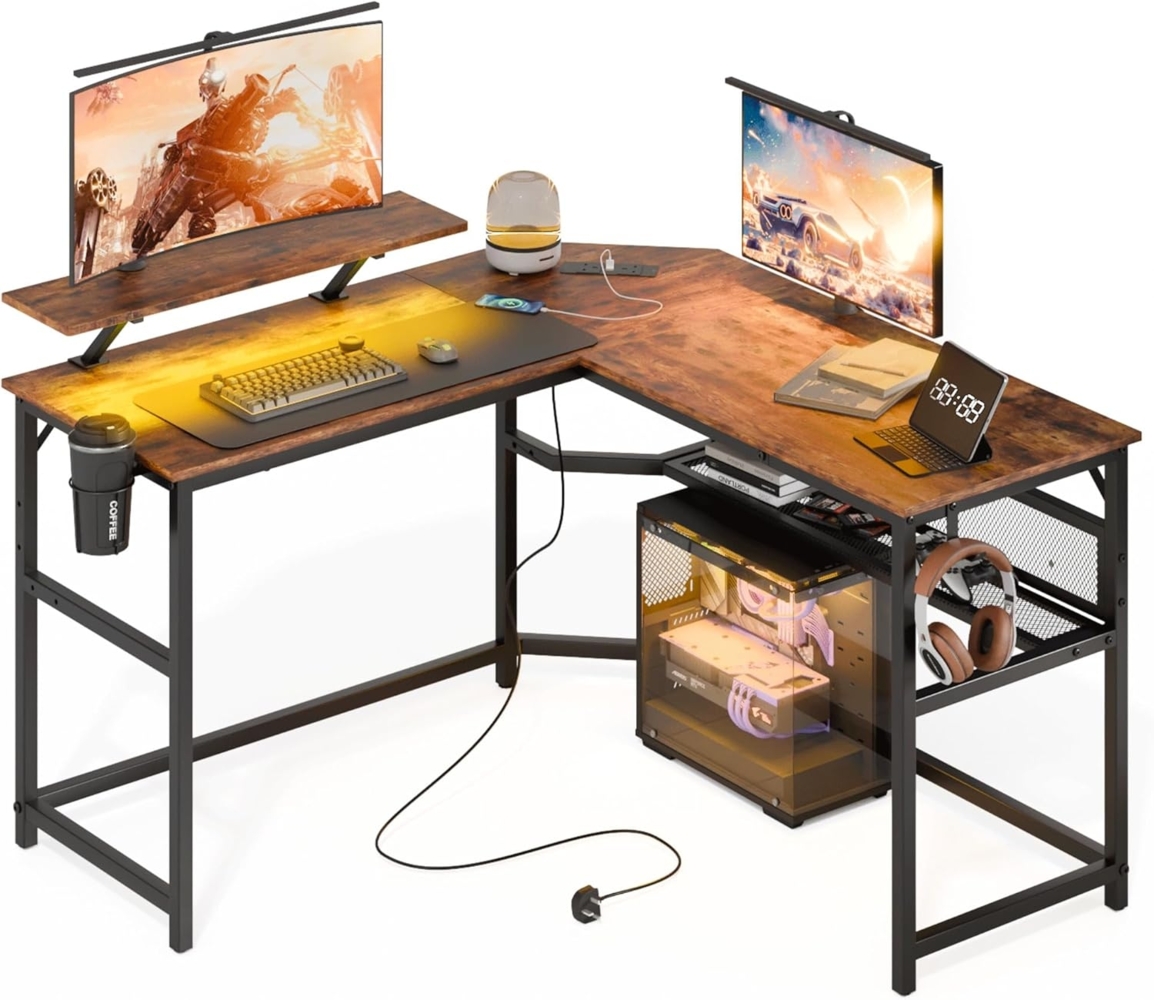 Mondeer L-förmiger Schreibtisch mit LED, 130x130 cm Gaming Tisch mit 2 Steckdosen und 2 USB Ladeanschluss, Eckschreibtisch mit Netzablage & Haken, für Home Office und Schlafzimmer, Vintage Braun Bild 1