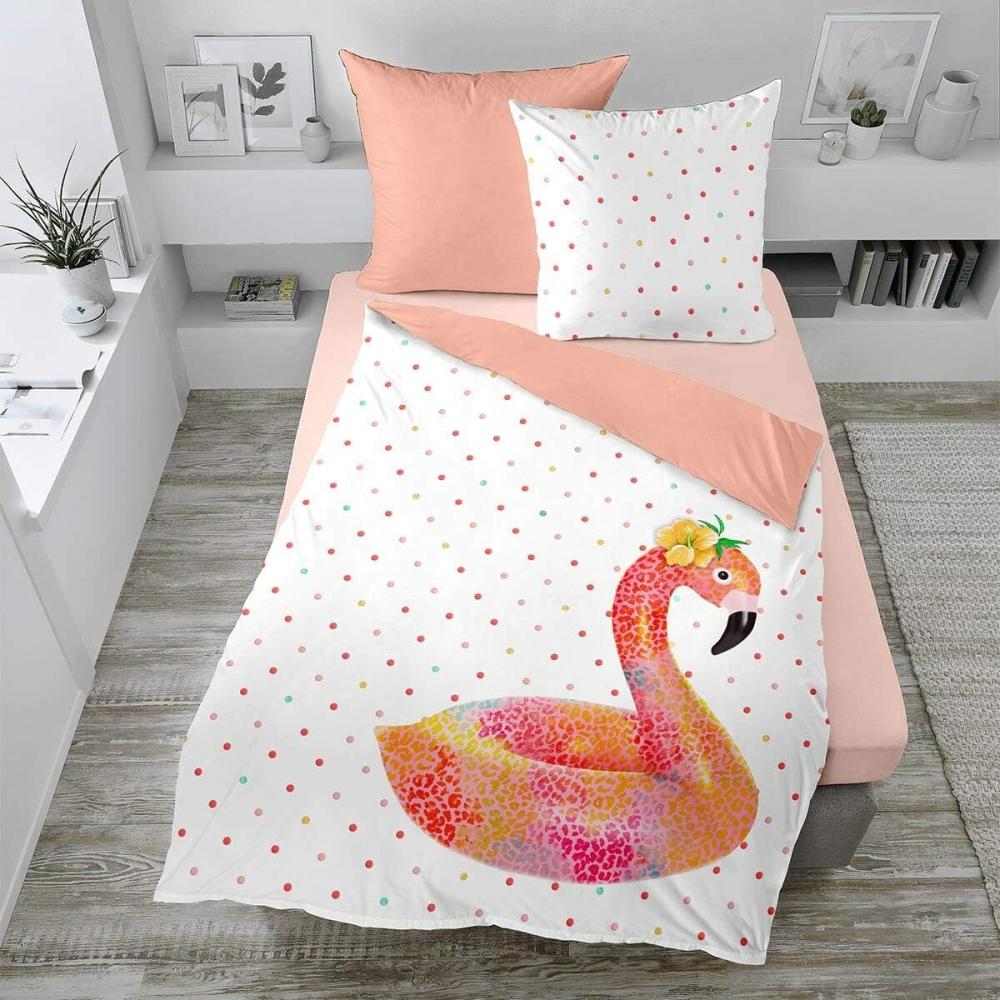 Dormisette Mako Satin Wendebettwäsche 2 teilig Bettbezug 2442_Fb20 Flamingo Punkte pink weiß, BL 155x220 cm Bild 1