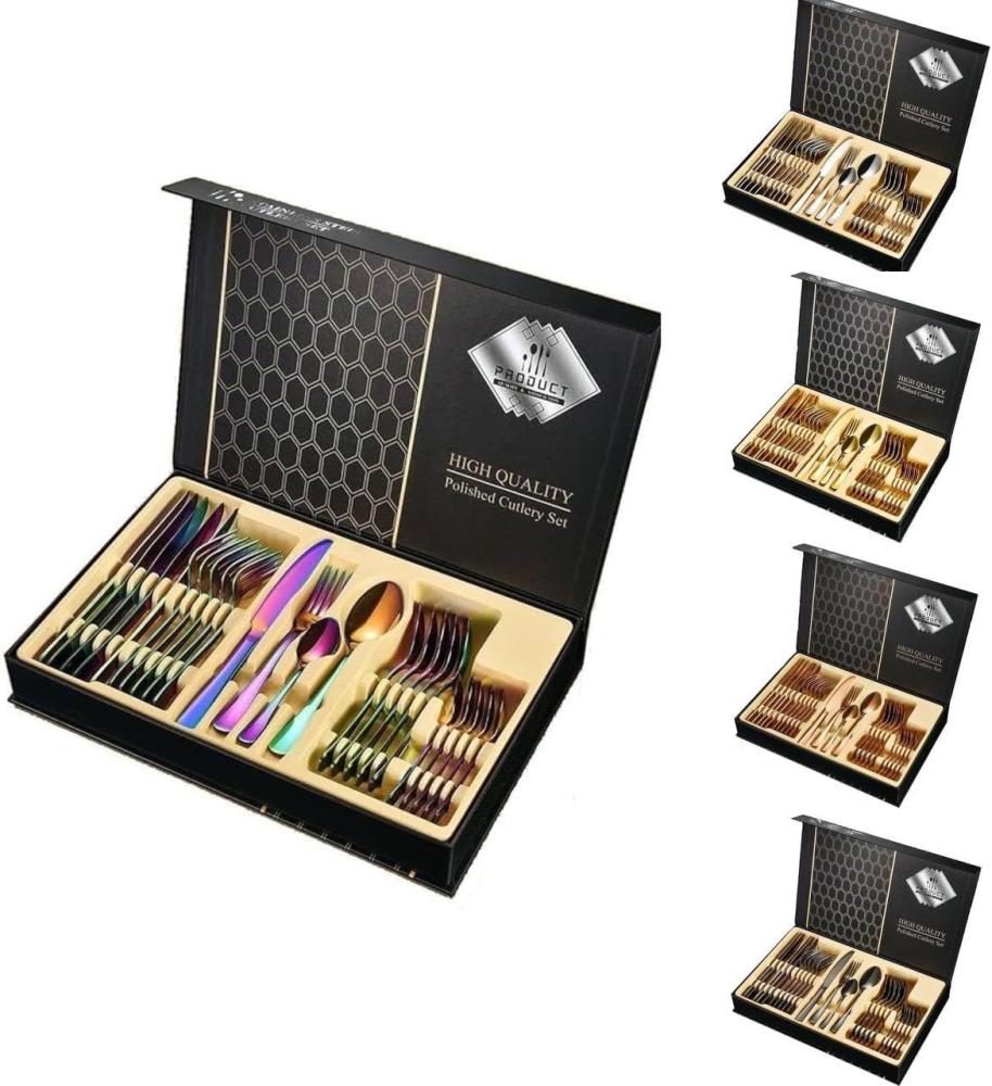 [Besteckset 24 tlg. [Gift Box] in verschiedenen Farben] glänzendes Edelstahlbesteck für. 6 Personen Messer, Gabel, Löffel Cutlery Set mit Geschenkbox Regenbogen Bild 1