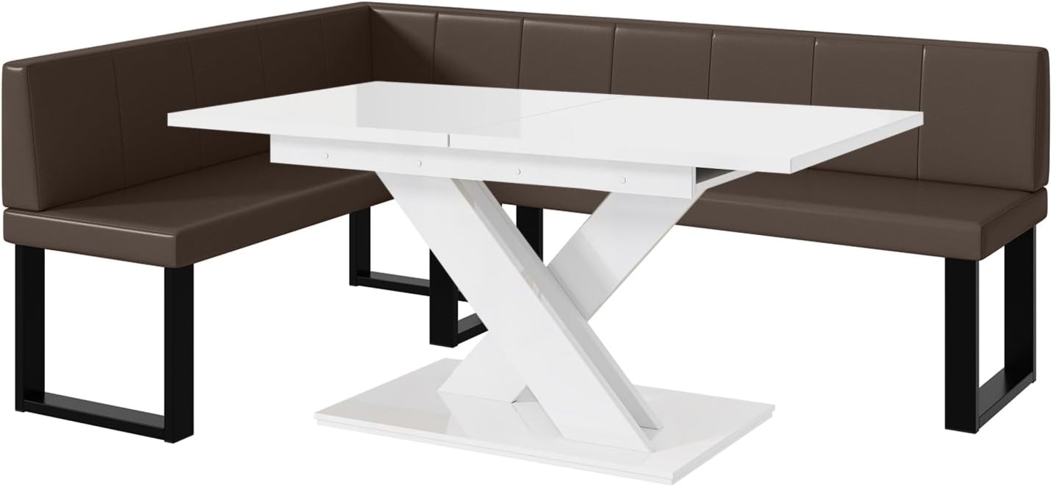 MEBLINI Eckbank für Esszimmer mit ausziehbarem Tisch - Küchenbank - Essecke - Sitzecke Küche - PETER - U-Beine 142x196x87cm Links - Braun Kunstleder/B Weiß Hochgl. Bild 1