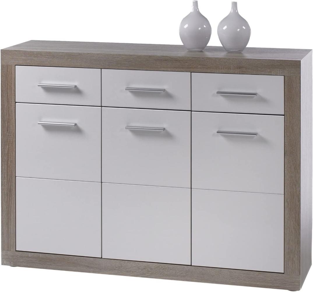 Kommode Sideboard Beistellkommode Eiche Sägerau / Hochglanz weiss ca. 117 cm breit Can Can Bild 1