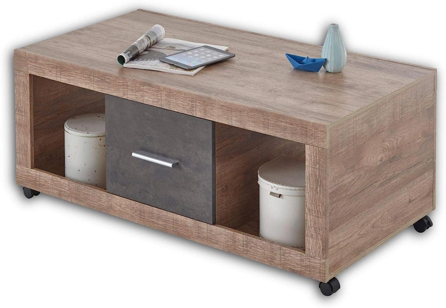 CAN CAN Moderner Couchtisch auf Rollen in Samdal Oak Optik, Anthrazit - mobiler Sofatisch mit Ablagefächern & Schubladen für Ihren Wohnbereich - 115 x 46 x 60 cm (B/H/T) Bild 1