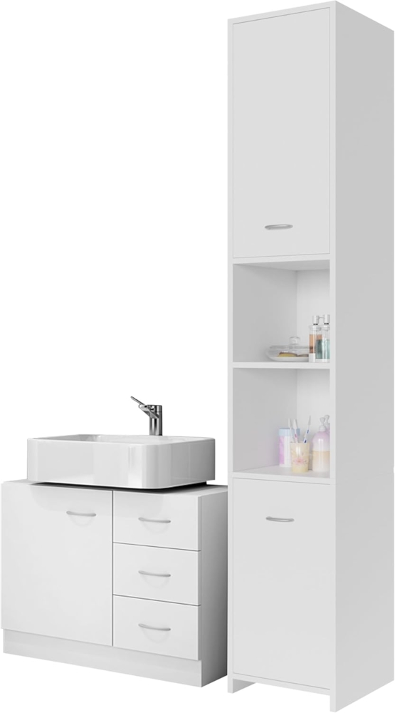 Casaria Badmöbel-Set, Badmöbel Set Weiß Waschbeckenunterschrank & Badezimmerhochschrank Bild 1