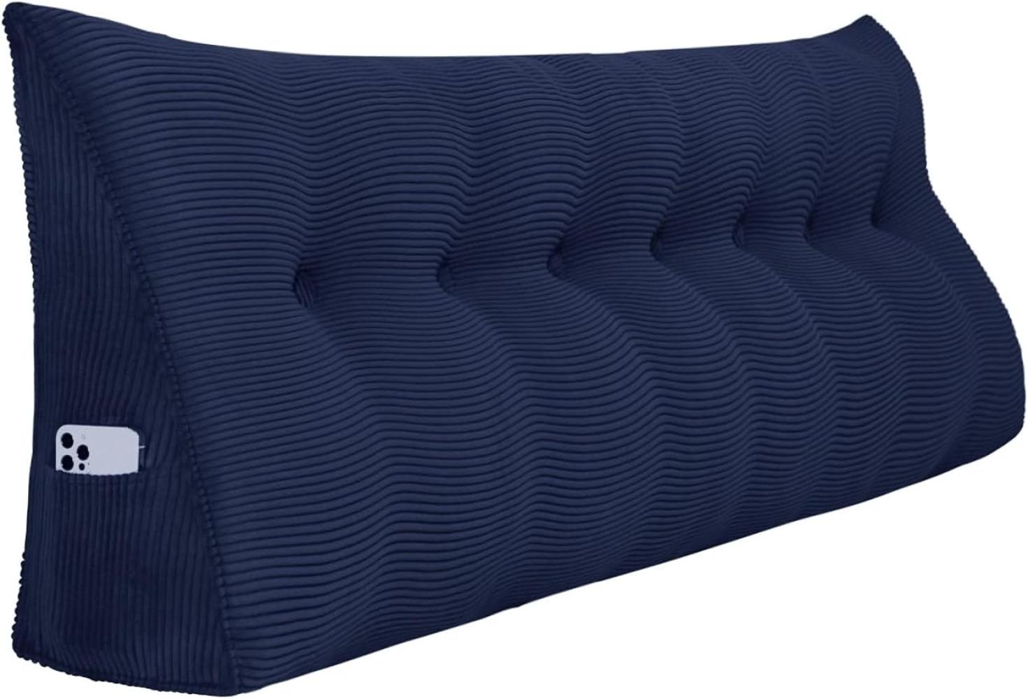 VERCART Großes Keilkissen, Langes Lesekissen, Bettruhe Rückenkissen, Dreieckiges Liegekissen, Dekoratives Kopfteilkissen für Tagesbett oder Tiefes Sofa, Cord Marineblau, 200cm Bild 1