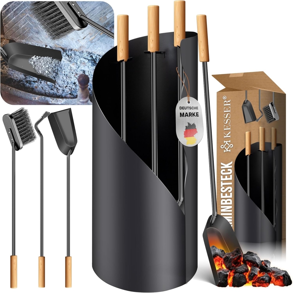 KESSER® Kaminbesteck Set 4-teiliges Kaminzubehör – Modern Design, beschichtet, Hochwertige Kamingarnitur aus 4 Teilen: Besen, Schaufel, Schürhaken, Ständer Stahl Edelstahlgriffe Anthrazit Bild 1