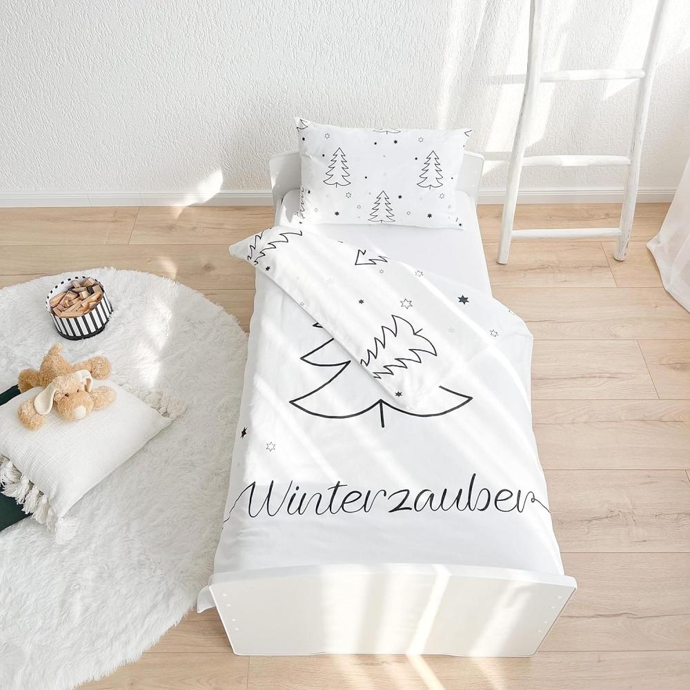 MTOnlinehandel Kinderbettwäsche Weihnachten "Winterzauber" Babybettwäsche mit Tannenbaum und Sternen, Biber, 2 teilig, 100 % Baumwolle in Biber, 100x135 + 40x60 cm 2 tlg. Bild 1