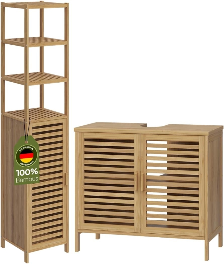 Bellamio 'Newa' Badezimmer Set aus Waschbeckenunterschrank und Hochschrank mit 5 Ablagefächern, Bambus, natur Bild 1
