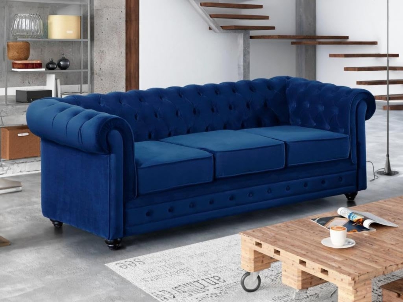 3-Sitzer-Sofa CHESTERFIELD - Samt - Dunkelblau Bild 1