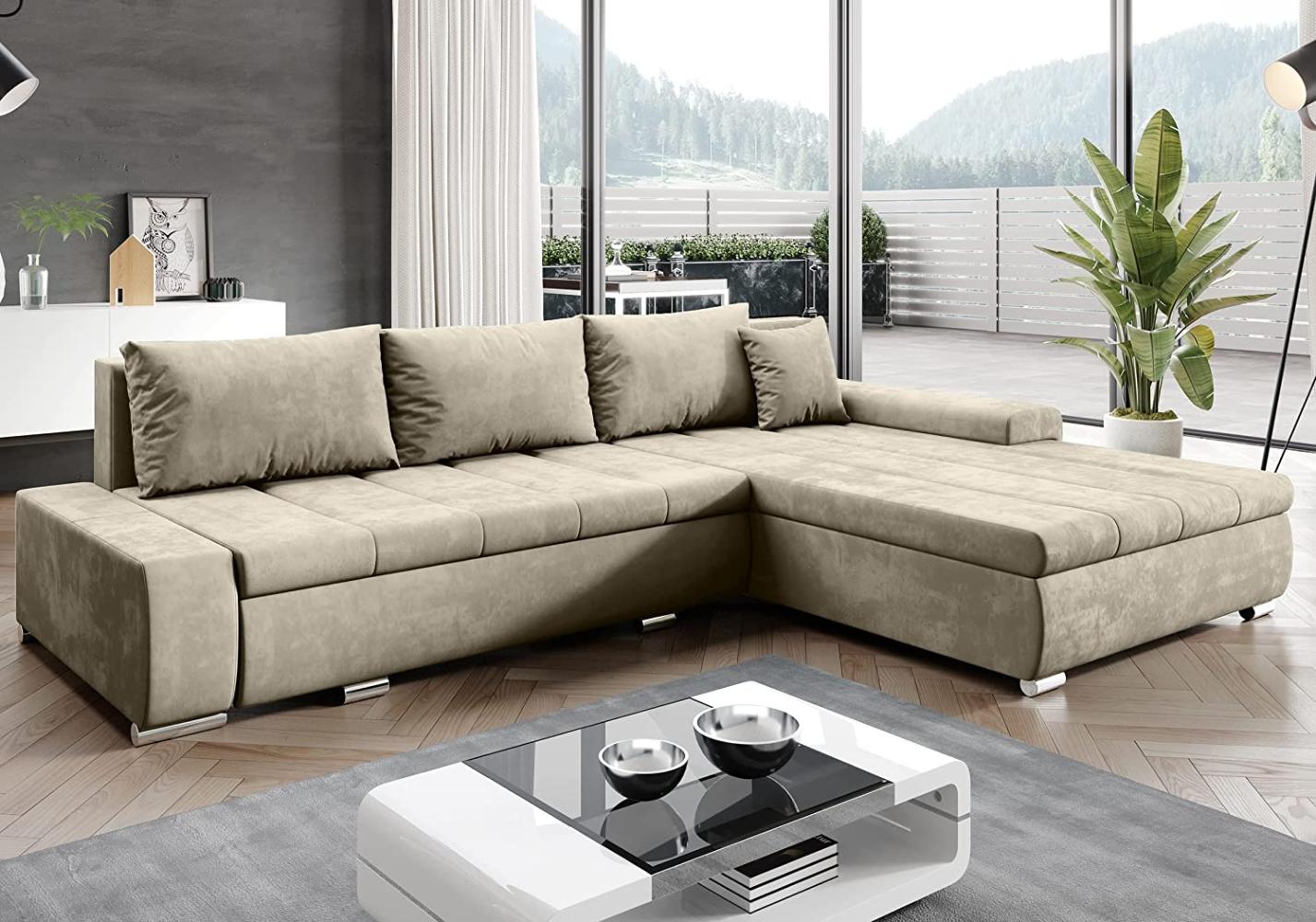 FURNIX Ecksofa Tommaso mit Schlaffunktion und Bettkasten - Couch Sofa mit Kissen - L-Form Sofa, Stellfüße in Chromoptik - B297 x T210 x H85 cm, Liegefläche 255 x 150 cm - MH04 (beige) Bild 1