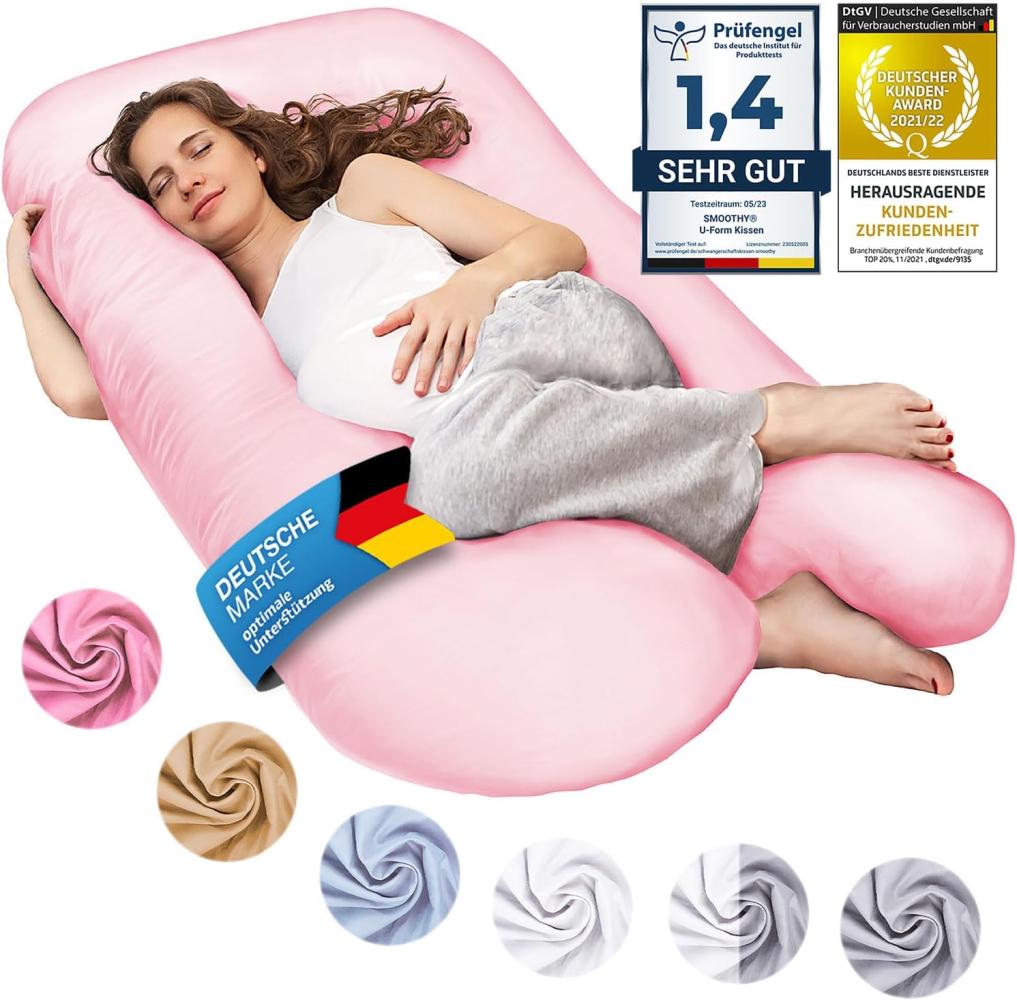 SMOOTHY XXL Schwangerschaftskissen Seitenschläferkissen, Lagerungskissen, Baby-Kissen & Stillkissen in U-Form mit abnehmbarem & waschbarem Bezug aus 100% Baumwolle (Classic XXL, 150x80 cm, Pink) Bild 1