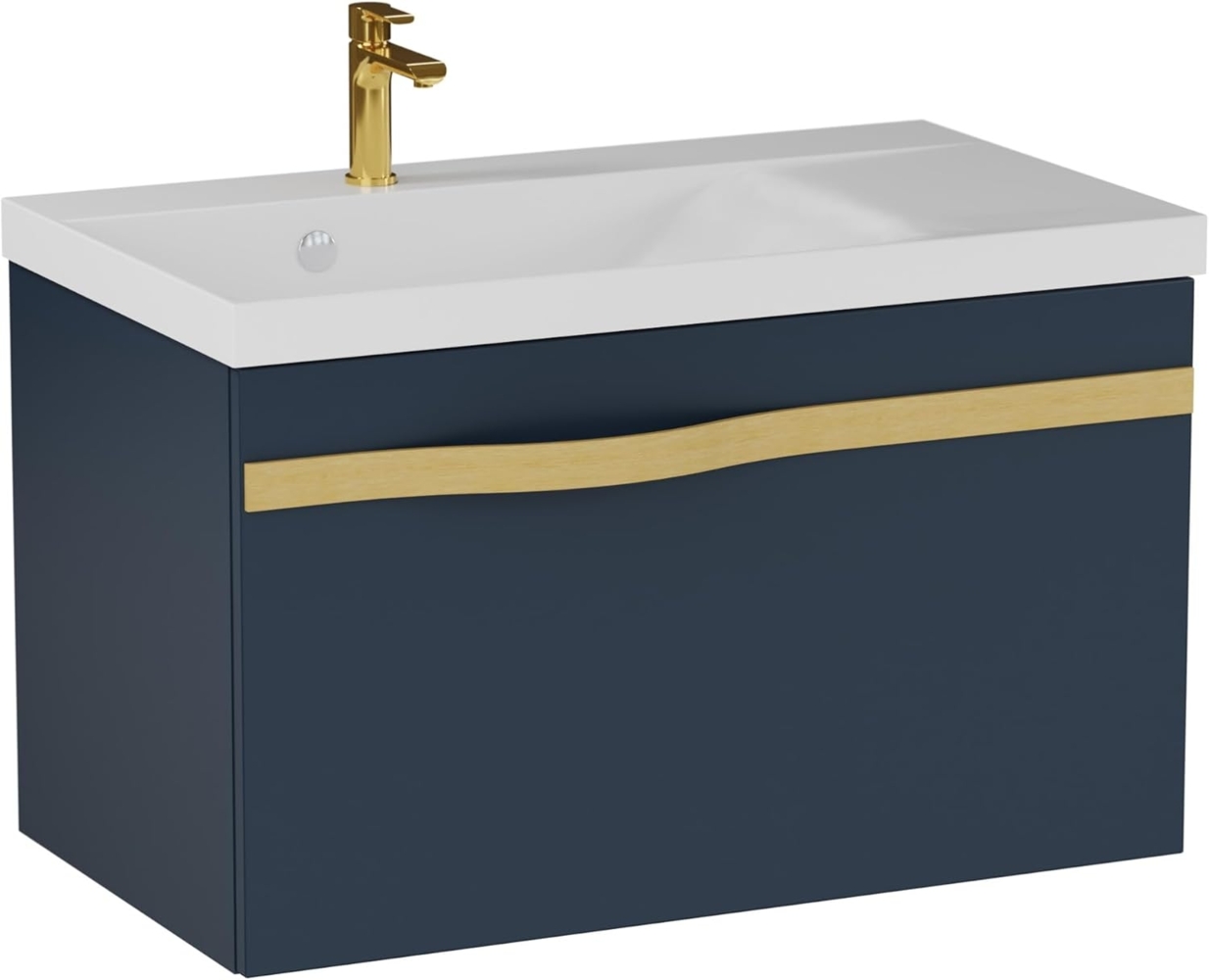 BADEDU FILS Waschbecken mit Unterschrank 69 cm breit, Blau, Waschbecken Gussmarmor Weiß, Griff Gold Bild 1